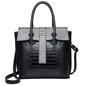 Womens Vegan Black Leather Textured Print‎ Handbag with Added Strap